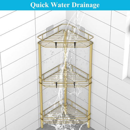 HuggieGems Corner Shower Caddy Organizer - 3 Tier Floor Stand with Hooks | Elegant Gold Finish