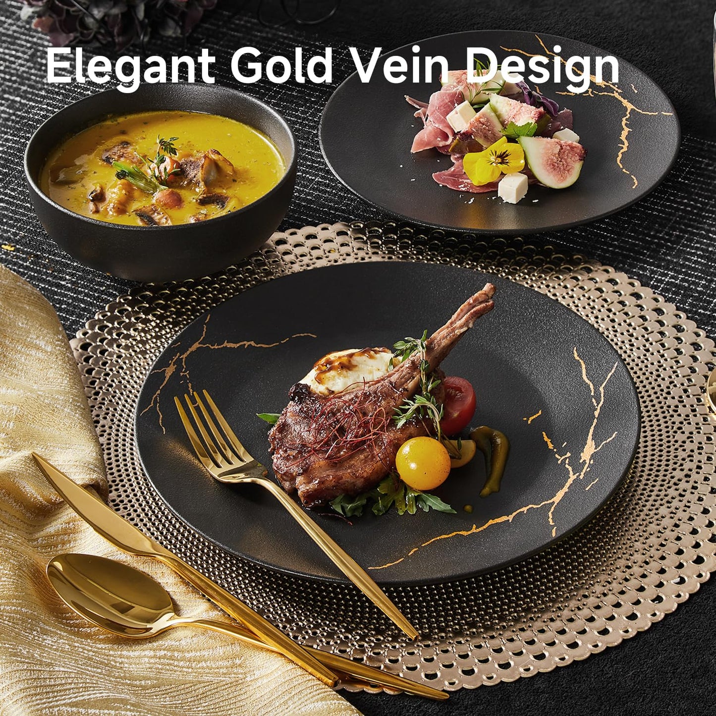 KINGSTONE Porcelain Dinnerware Sets for 8 | 24 Piece Plates and Bowls Sets Kitchen Dishes Scratch Resistant Matte Black Gold Vein Dinner Salad Plate Dishware for Party Daily Wedding
