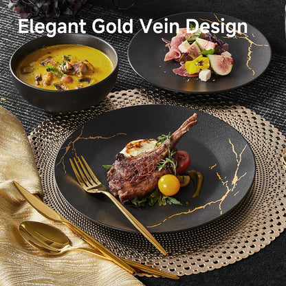 KINGSTONE Porcelain Dinnerware Sets for 8 | 24 Piece Plates and Bowls Sets Kitchen Dishes Scratch Resistant Matte Black Gold Vein Dinner Salad Plate Dishware for Party Daily Wedding