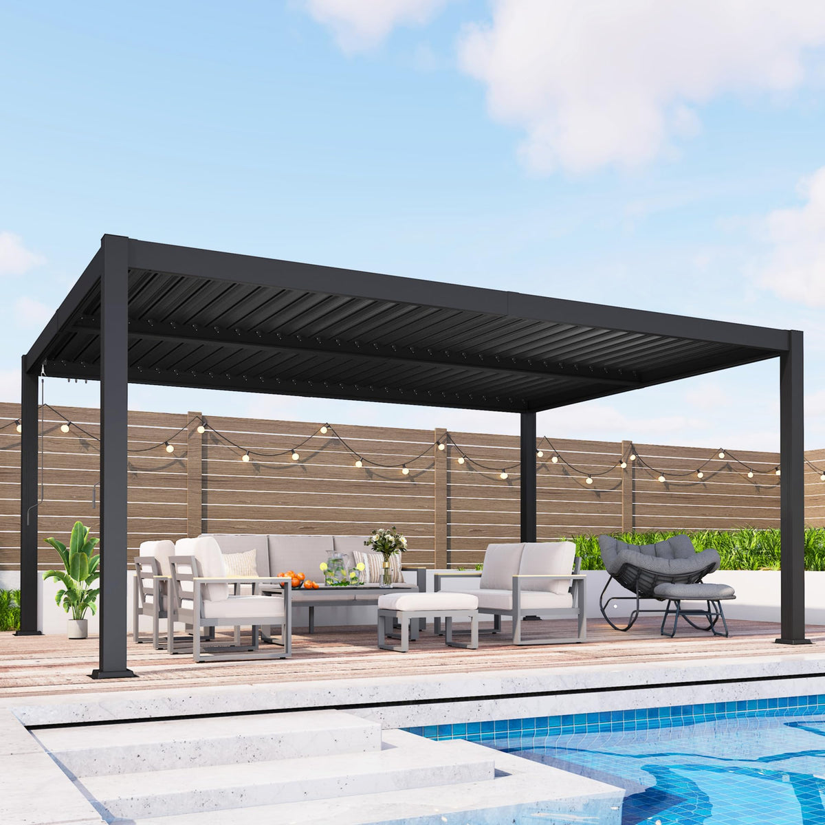 Louvered Pergola, 12' x 16' Outdoor Pergola, Metal Patio Gazebo with Adjustable Louvers Roof and Gutter System, Metal Hardtop Gazebo for Patio, Backyard, Deck, Garden, Dark Gray