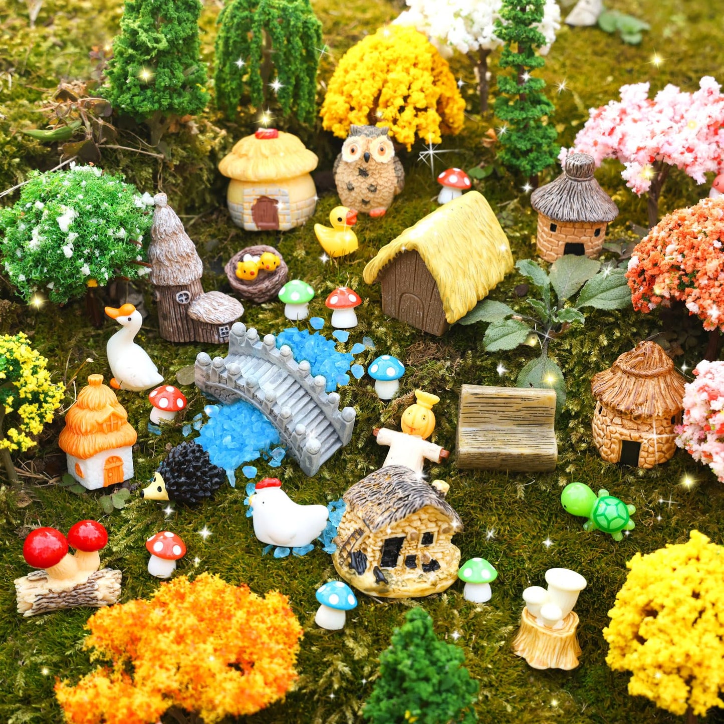 Ailefentene 84 Pcs Fairy Garden Accessories, Miniature Village Starter Kit with Moss Model Tree Tiny Resin Animal Figures, DIY Bonsai Micro Landscape Ornament for Terrarium Succulent Dollhouse Craft