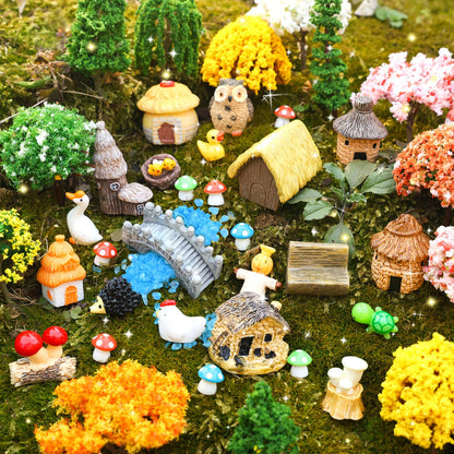 Ailefentene 84 Pcs Fairy Garden Accessories, Miniature Village Starter Kit with Moss Model Tree Tiny Resin Animal Figures, DIY Bonsai Micro Landscape Ornament for Terrarium Succulent Dollhouse Craft