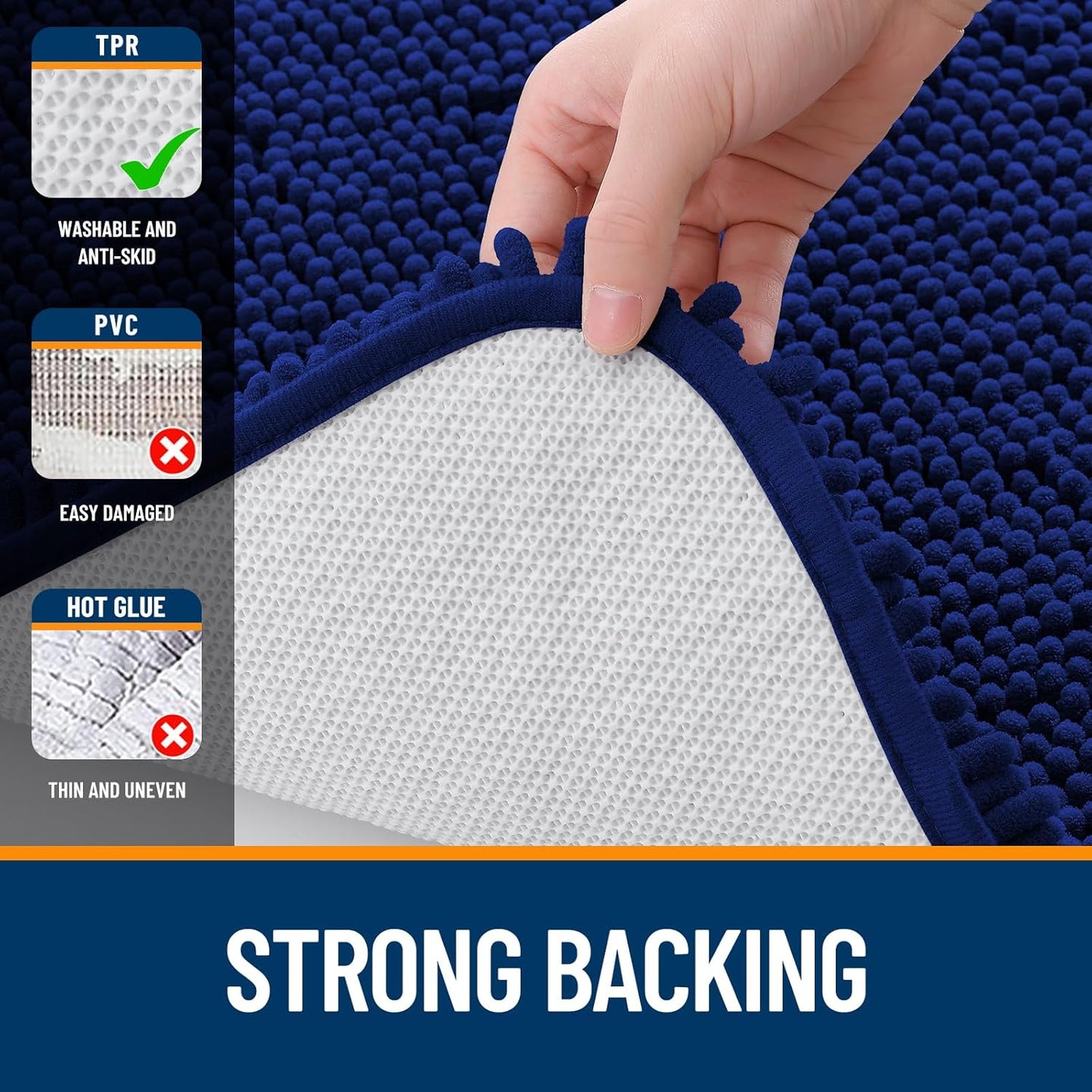 OLANLY Bath Rugs - Extra Soft Chenille, Quick-Dry Rubber Backing, Machine Washable | 32x20 Navy