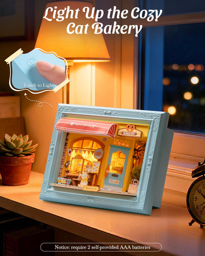 ROBOTIME 3D Puzzle DIY Miniature House Kit for Adults, a Fluffy Cat Bakery-Themed Wooden Dollhouse with Photo Frame, Tiny Building Set Model for Family Crafting & Holiday Decorative Gifts