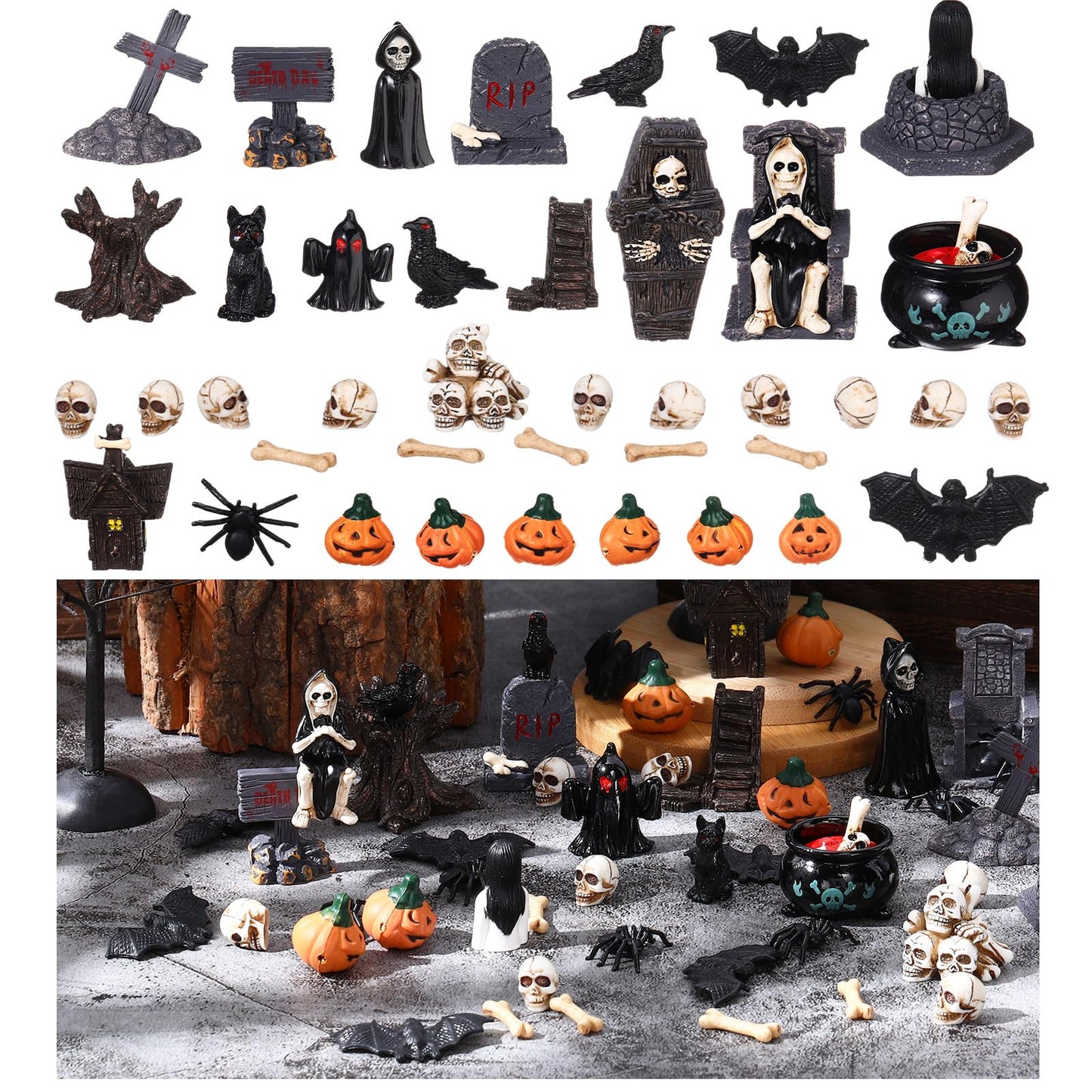 Sonwyoung 58 Pcs Halloween Mini Figurines Set, Plastic Mini Resin Halloween Miniature Landscape Ornaments Decorations for Dollhouse Accessories Garden Village Collections (Bat)
