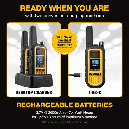 DEWALT DXFRS800 FRS Walkie Talkies Long Range 2 Way Radio, 2 Watt, Waterproof & Rechargeable, 2 Pack