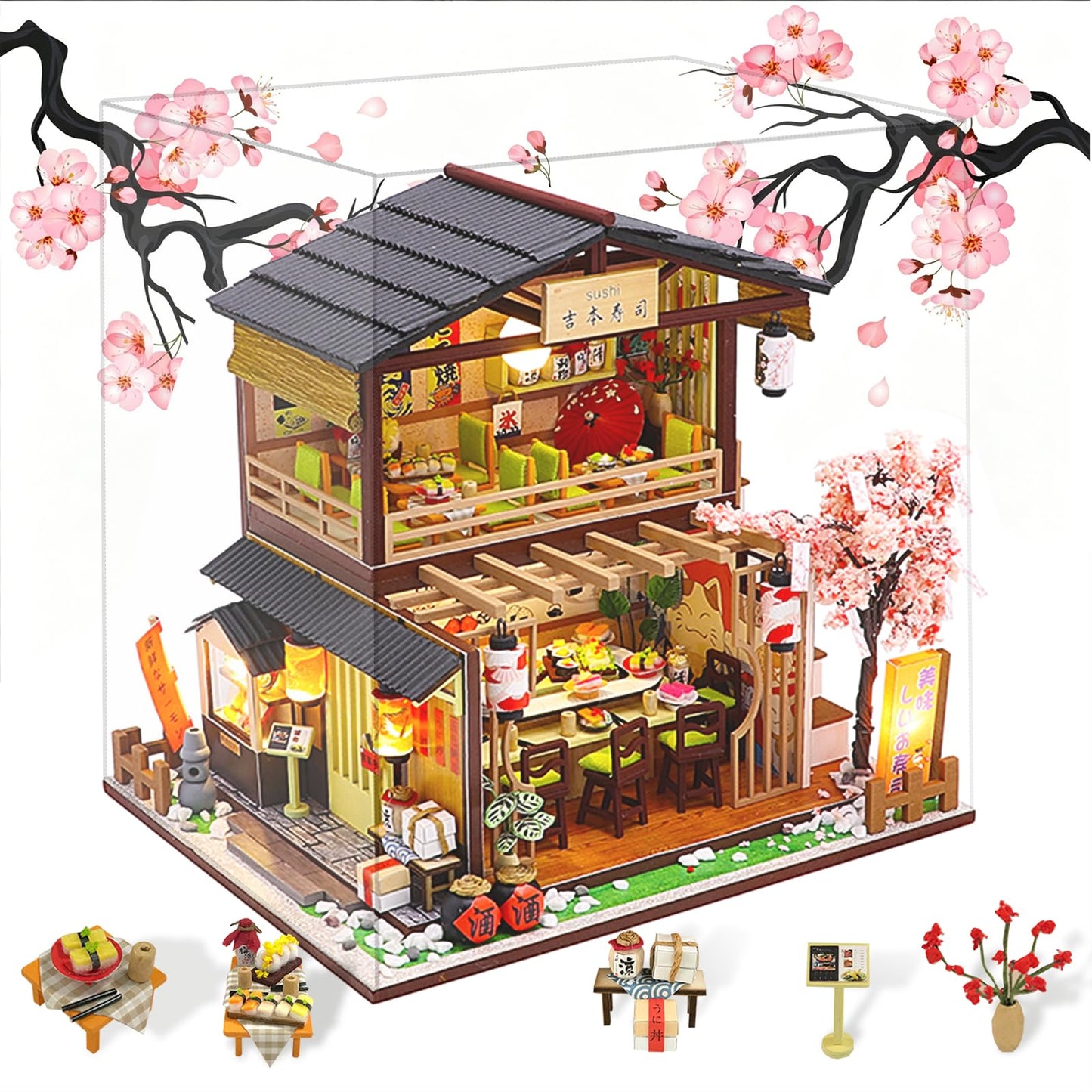 LUSASIN Book Nook Kit with Dust Cover, DIY Miniature House Kit for Adults Bookshelf Insert Booknook 3D Wooden Puzzle Dollhouse Room Decor Gifts for Family, Friends(Excluding Batteries and Glue)