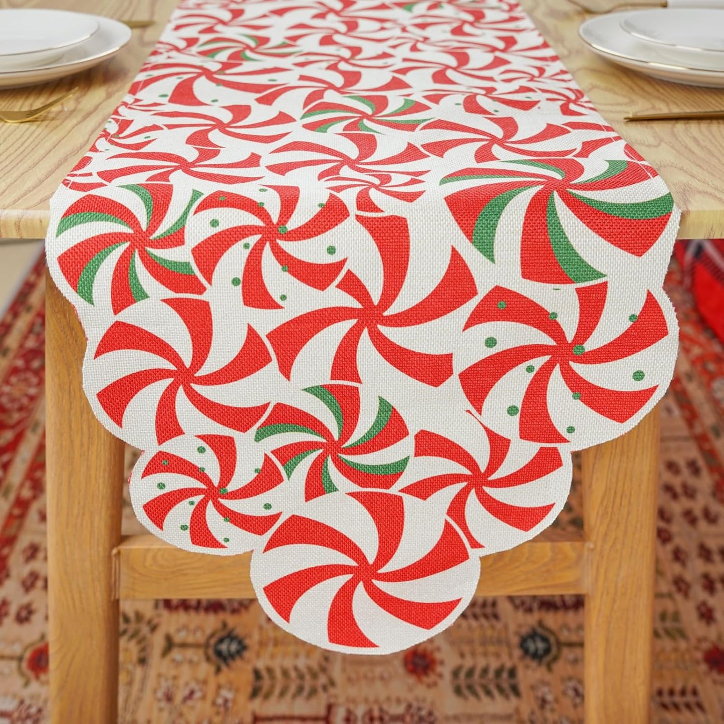13x36 Inch Christmas Table Runner Candy Cane Swirl Lollipops Red Table Decoration for Home Seasonal Winter Xmas Holiday