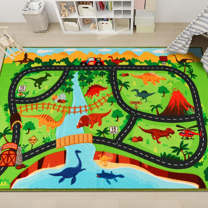 Rug,59"X39.4" Kids Carpet Playmat Dinosaur Car Rugs for Kids Toy Cars,Non Slip Dino Safari Road Map Kid Rug
