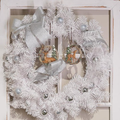 Braxio Christmas Tree Ornaments - Set of 2 Resin Woodland Deer in Wreath | Brown & Sage Green