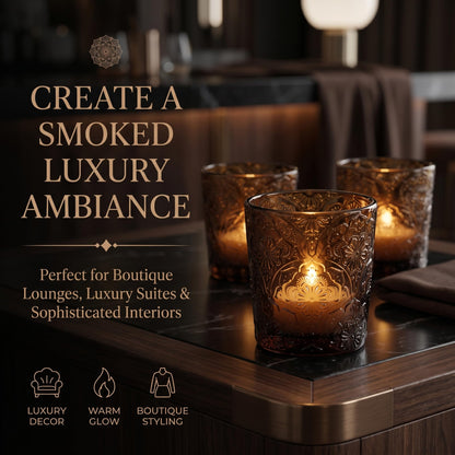 6 Pack Mandala Embossed Glass Candle Holders – Votive Tealight Holders with Patent Design, Decorative Embossed Glass Cups for Wedding Centerpieces, Parties, and Home Décor (Chestnut Brown)