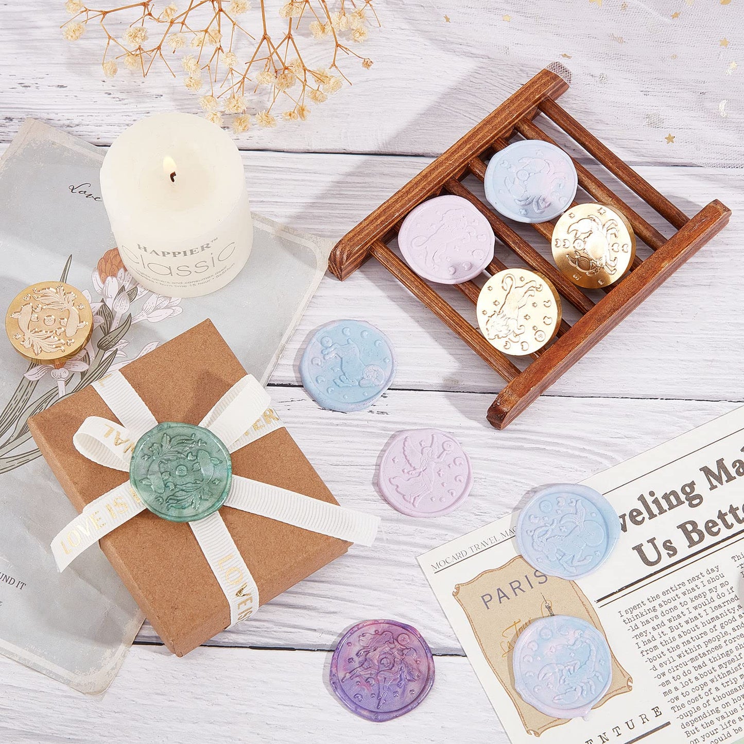 CRASPIRE 12pcs Constellations Wax Seal Stamp Set Tarot Magic Sealing Stamp Heads Kits with 2pcs Wood Handle for Wedding Invitations Envelopes Birthday Gift Cards Scrapbooking