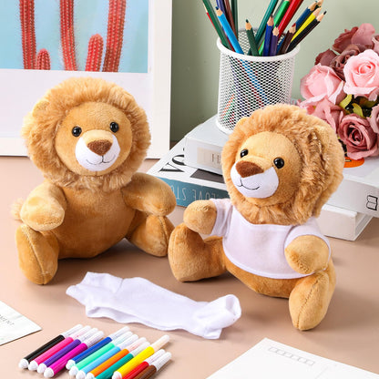 Blueweenly 64 Pcs Make Your Own Stuffed Animal Lion Kit Including 6 Inches Soft Lion Plush with White T Shirt and 12 Colors Pens for Birthday Favors Forest Party Crafting Gifts