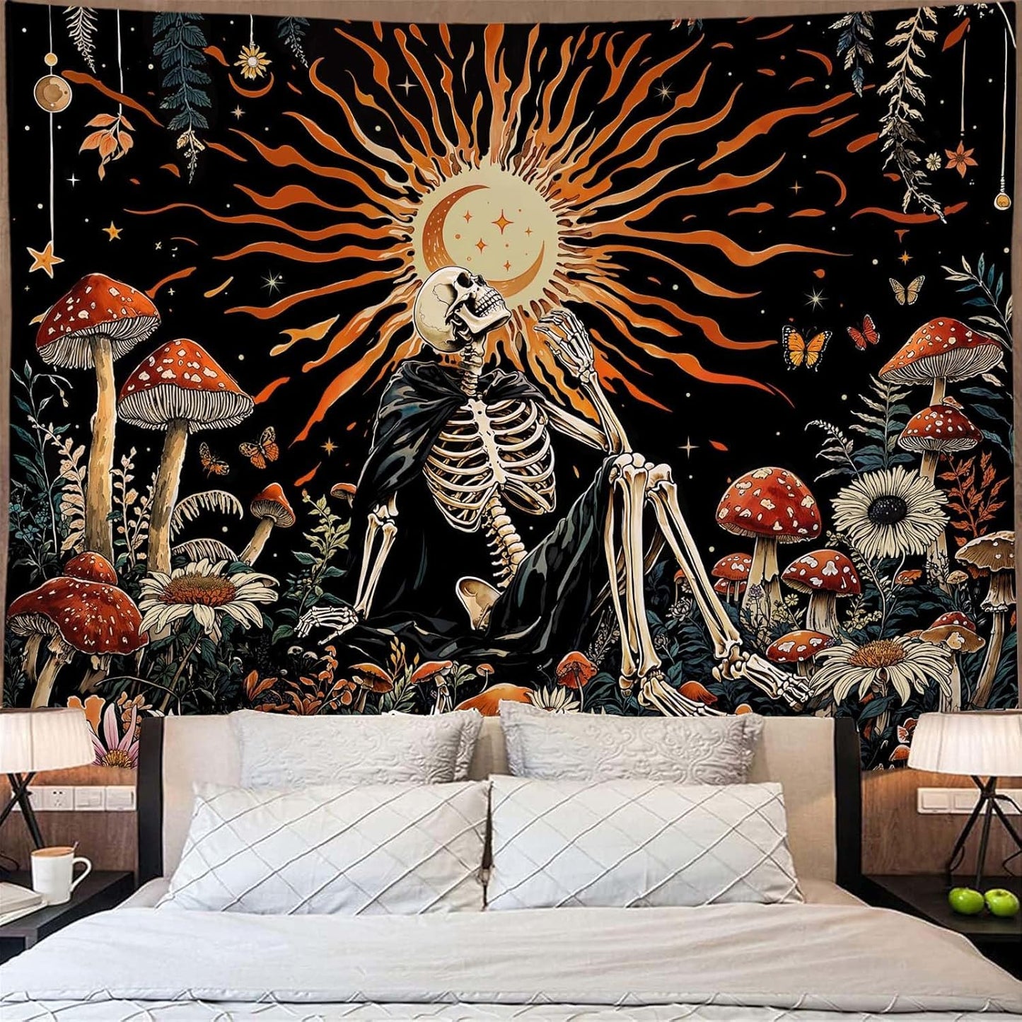 Kanuyee Fantast Meditating Skeleton Tapestry Mushroom Wall Art Tapestries Gothic Boho Room Decor Aesthetic Wall Hanging for Bedroom Dorm Living Room Fantasy Art 48x36 Inch