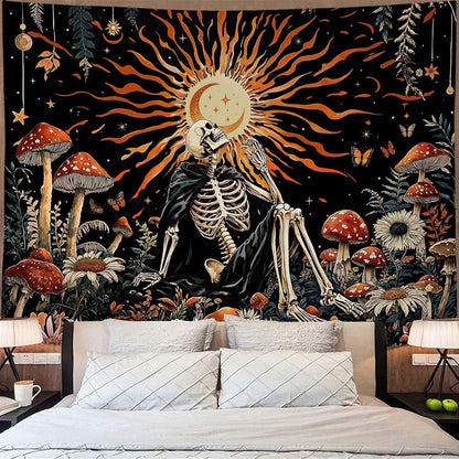 Kanuyee Fantast Meditating Skeleton Tapestry Mushroom Wall Art Tapestries Gothic Boho Room Decor Aesthetic Wall Hanging for Bedroom Dorm Living Room Fantasy Art 48x36 Inch