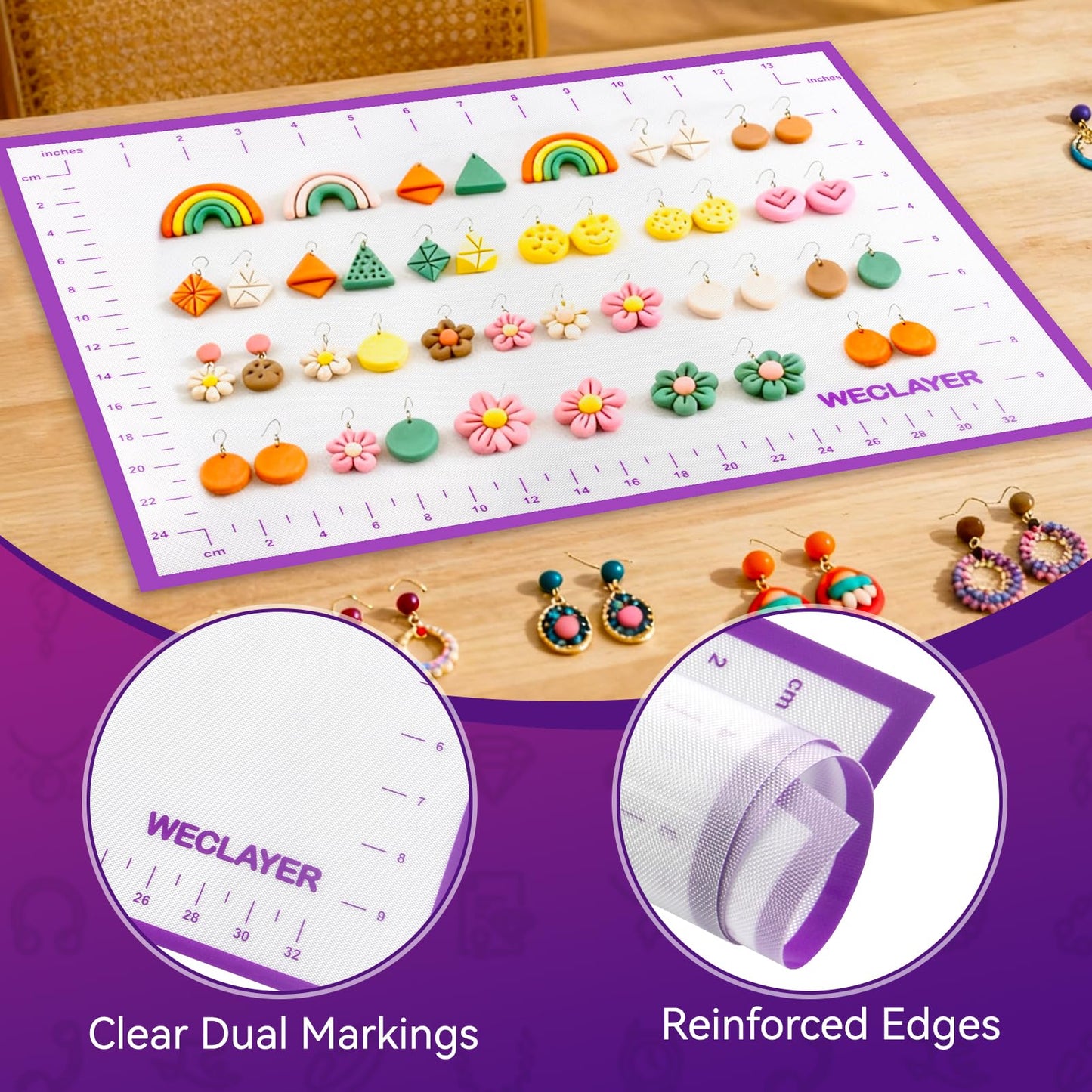 WECLAYER Clay Roller with Thickness Rings and 16" x 12" Silicone Clay Mat with Measurement,Oven-Safe Work Mat with Texture,Reusable Silicone Non-skid Pad,Clay Rolling Pin,Polymer Clay Tools