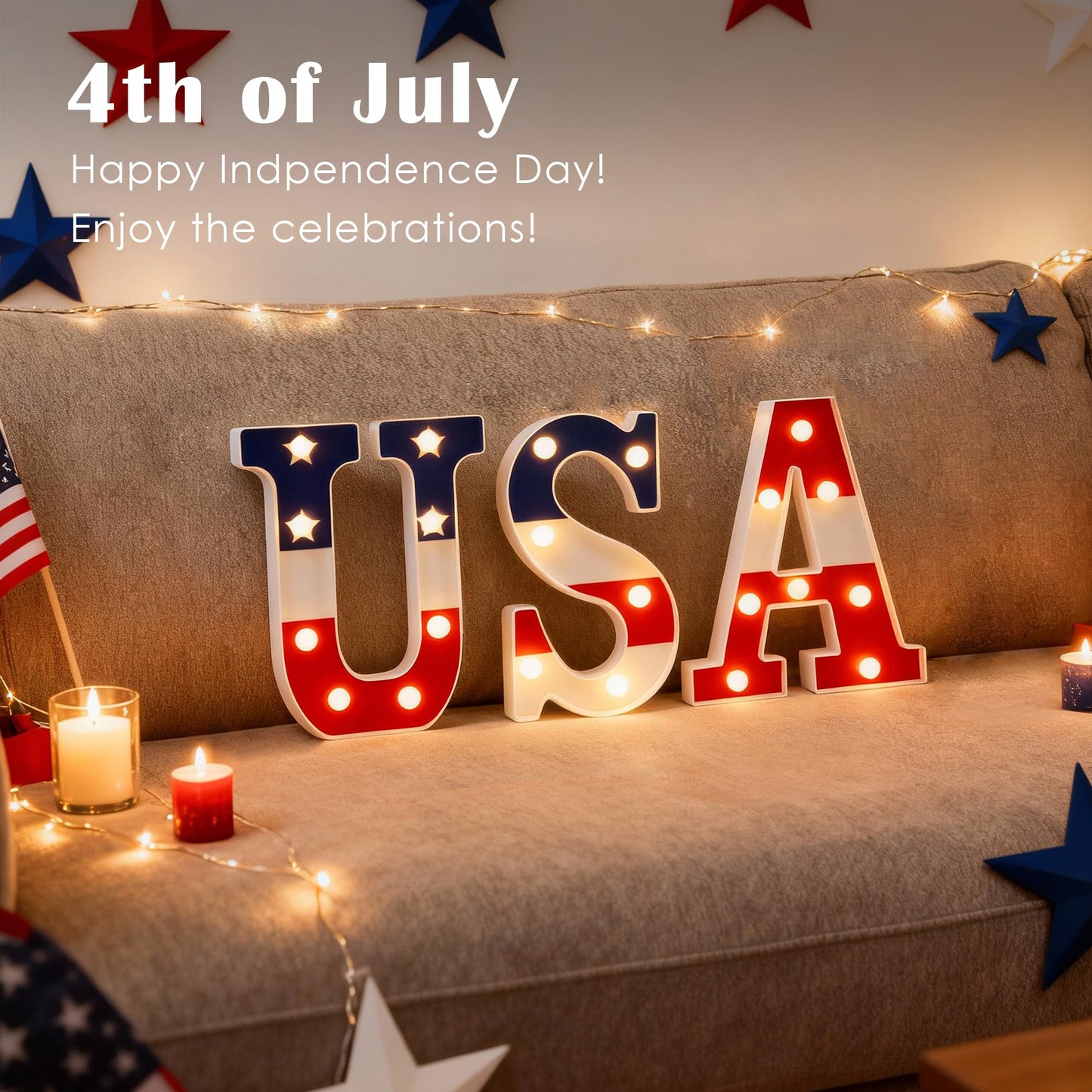 NWLIGHT Light Up letters 4th of July Marquee Lights for Independence Day LED Battery Operated Letter Lights Patriotic USA Letters Holiday Table Centerpiece Home Decoration