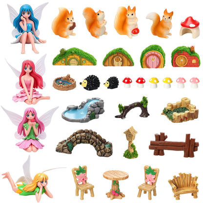 GGSTDDUP 32 Pcs Fairy Garden Accessories, Mini Fairy Figures Animal Plant Furniture Scene Accessories, Miniature Garden Ornaments for DIY Craft Landscape Bonsai Glass Container Dollhouse Decor