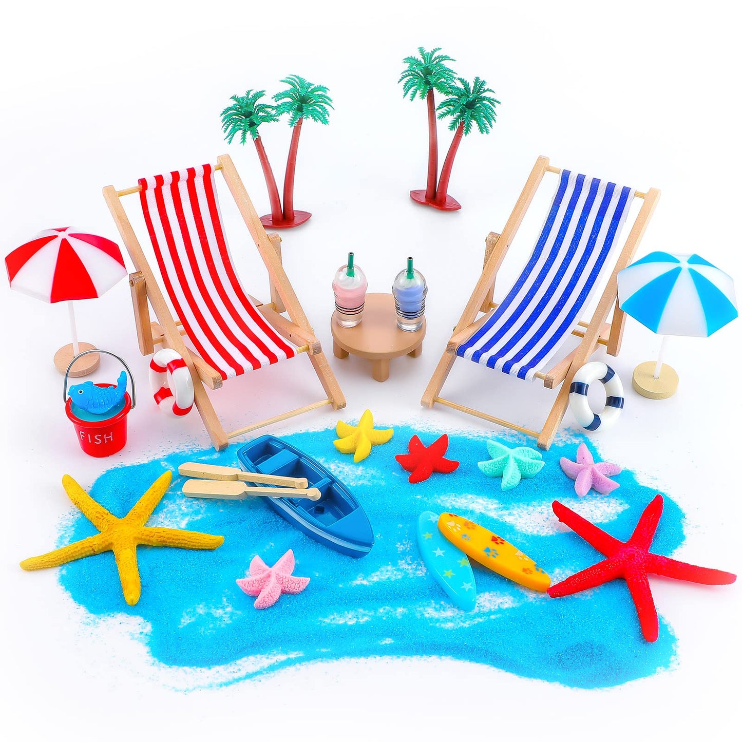 Minatee 25 Pcs Beach Miniature Dollhouse Decoration, Umbrella Palm Chair Miniature Toys Garden Dollhouse Outdoor Accessories Beach Decorations for DIY Garden Plant Pool(Red, Blue)