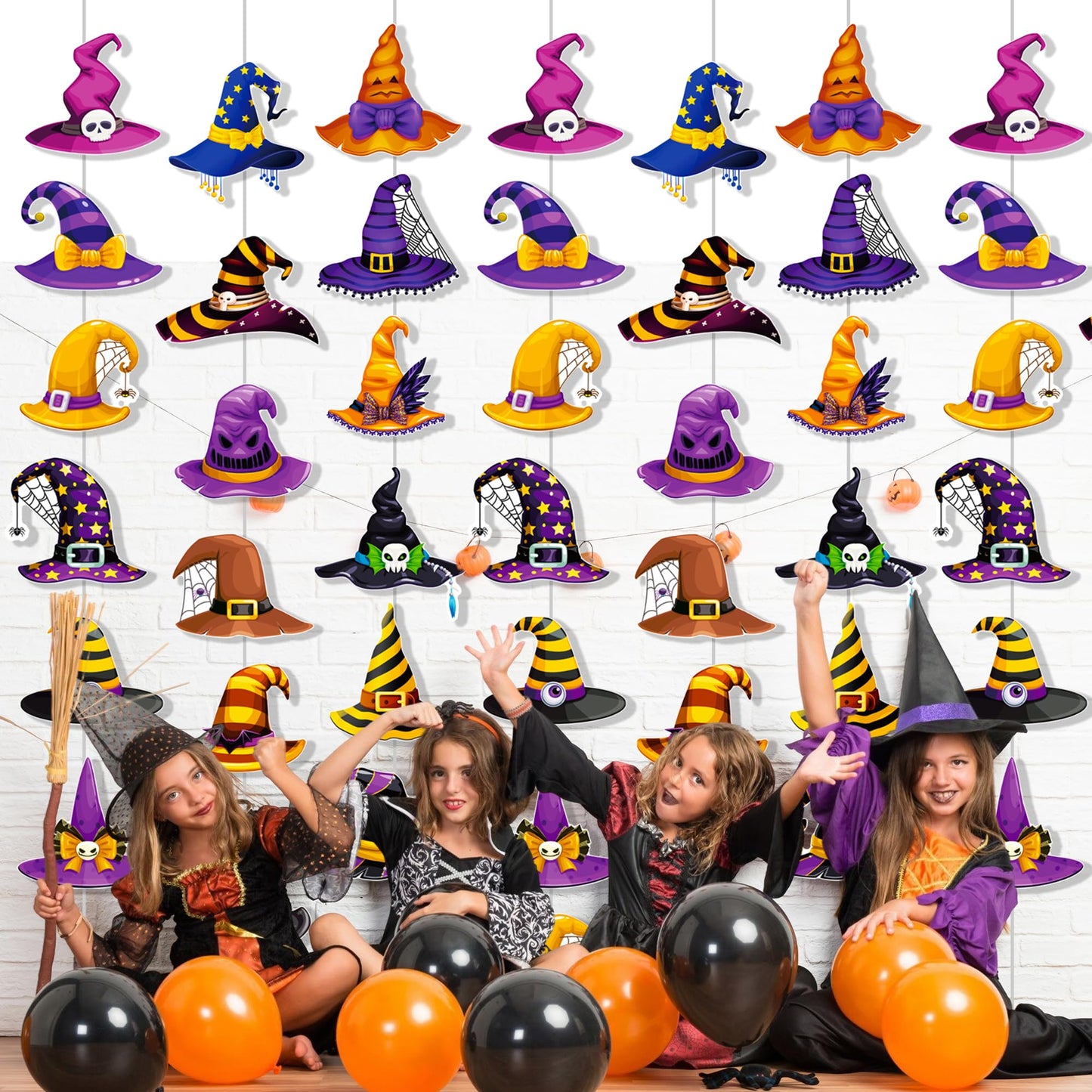 Halloween Witch Hat Garlands Halloween Party Supplies 8PCS Pre-Strung Witch Hanging Paper Garland Banners Wizard Hat Decorations for Spooky Theme Birthday Baby Shower Decor