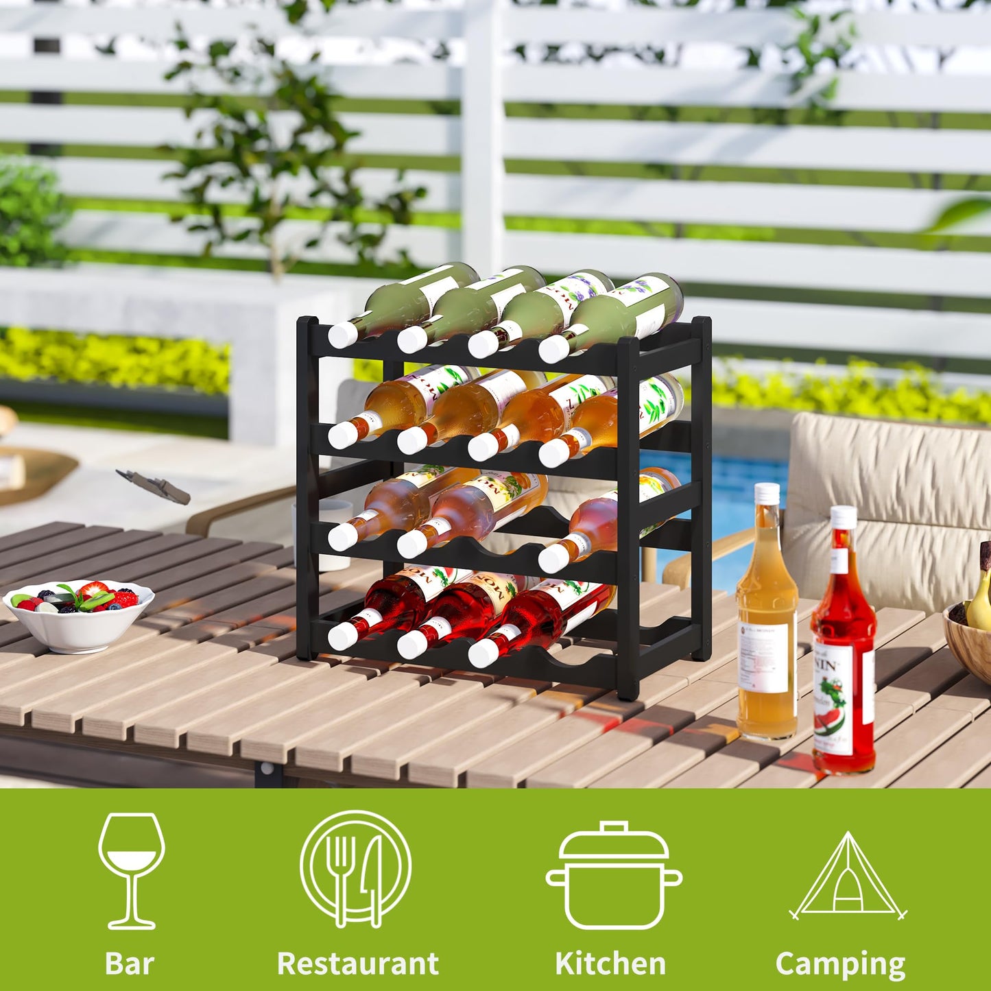 BMOSU Bamboo Wine Rack Wine Storage Cabinet Shelf 16 Bottle Wine Racks Countertop Sturdy for Kitchen Dining Room Pantry - 4 Tiers Wine Rack(Black)