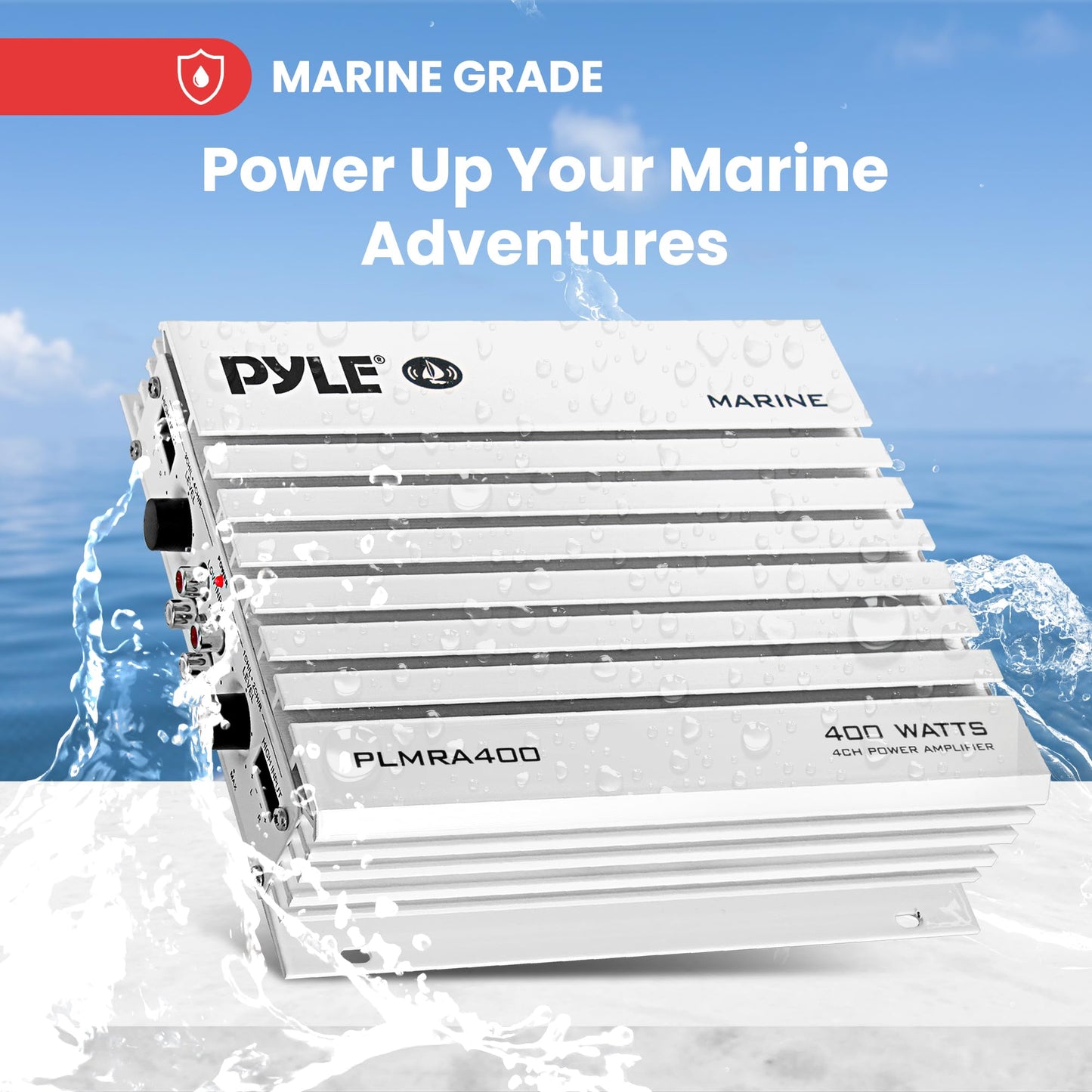Pyle Hydra Marine Amplifier - Upgraded Elite Series 400 Watt 4 Channel Audio Amplifier, Waterproof, 12 volt, Dual MOSFET Power Supply, GAIN Level Controls, RCA Stereo Input & LED Indicator - PLMRA400