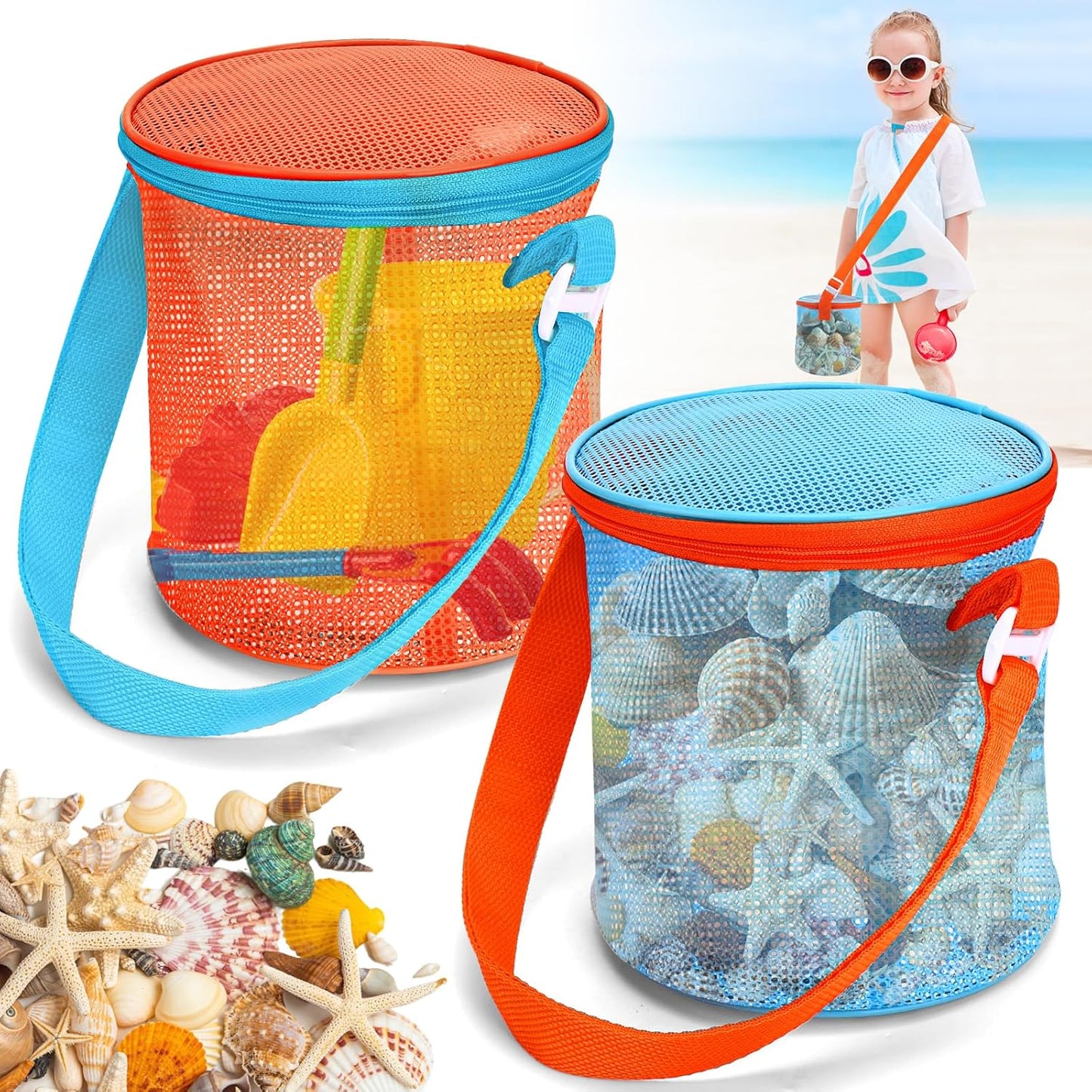 Beach,2PCS Vodolo Sea Shell Bags for Large Mesh Seashell Holder for Adults,Shelling Collecting Tools Travel Sand Toys