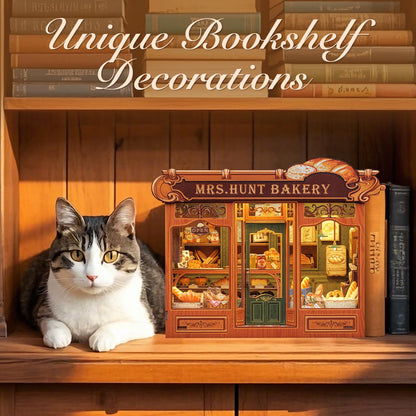 Fsolis Book Nook Kit - DIY Miniature House Kit for Adults Booknook 3D Wooden Puzzles Bookshelf Nook Decor Bakery Shop Model Gifts for Women Book Lovers (MRS.Hunt Bakery)