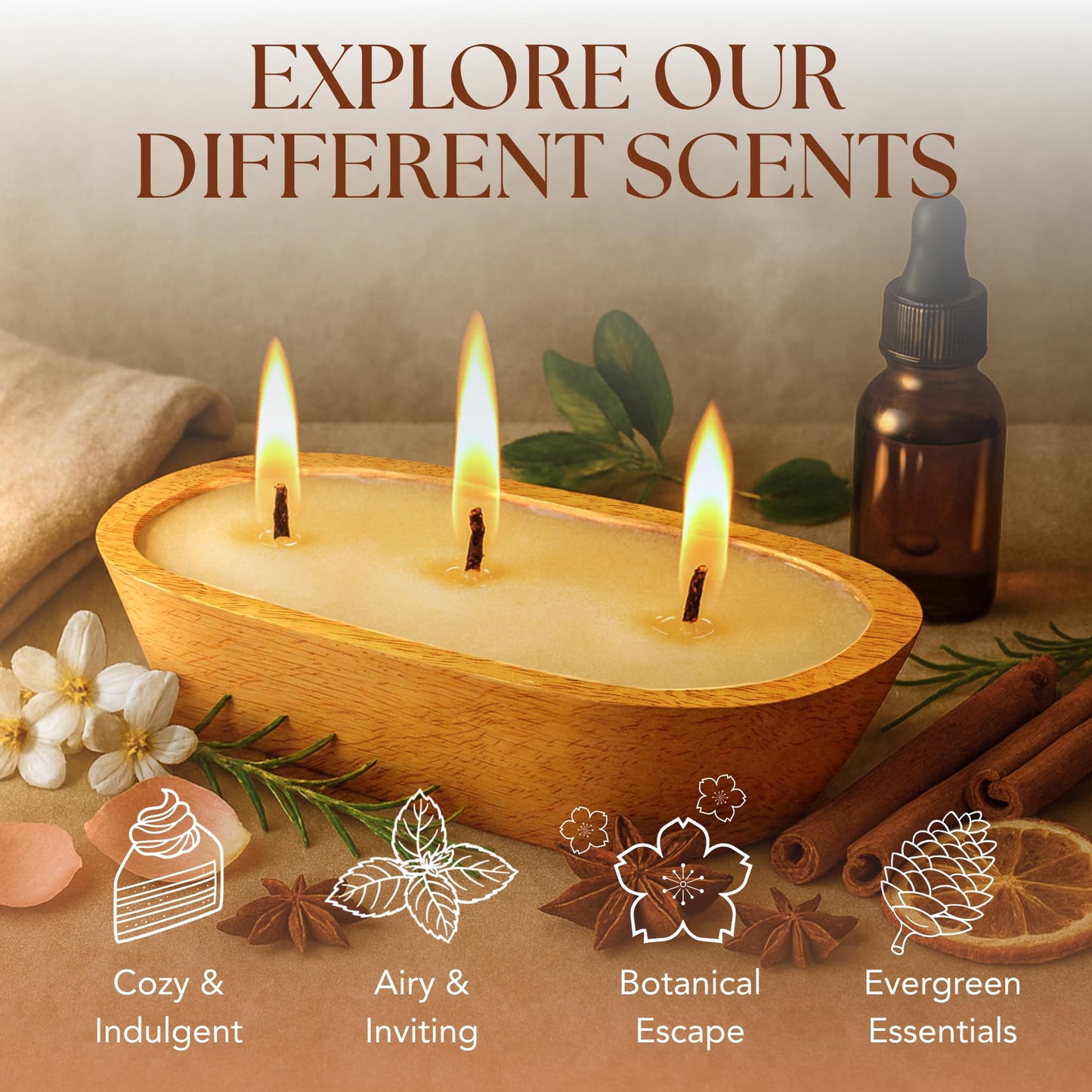 Dough Bowl Candle Co. Mediterranean Fig Soy Candle - 3 Wick Rustic Farmhouse Coffee Table Decor, Odor Eliminator in Wooden Bowls, 20 Ounce Wooden Dough Bowl Candle, All-Natural Gifts for Women or Men
