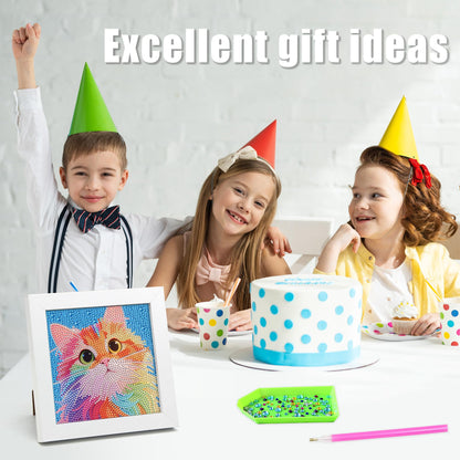 geesfayan Diamond Art Kits for Kids Ages 8-12,6 Inch DIY Gem Art Painting with 7 Inch Frame, Complete Starter Kit for Beginners, Creative Arts & Crafts Gift for Girls & Boys (Colorful Cat)
