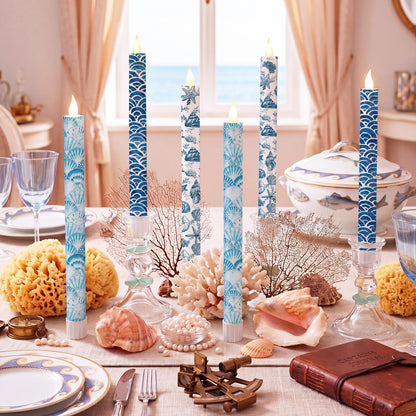 Lyrow 6 Pcs Summer Ocean Flameless Taper Candles with Beach Starfish Seashell 11 Inch LED Candles Flickering Battery Operated Candlesticks for Birthday Seaside Shower Party Summer Table Decor