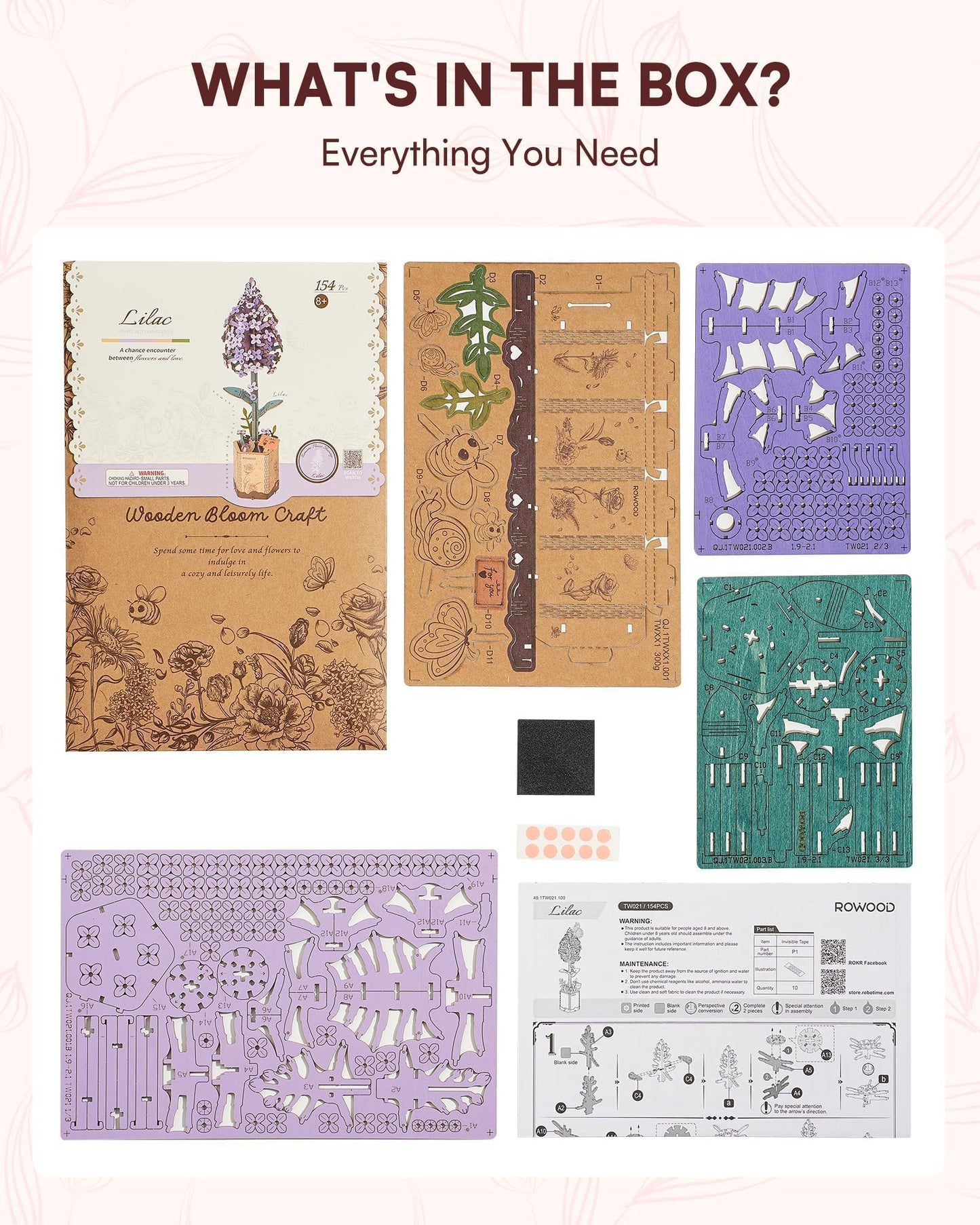 Wowood 3D Flower Wooden Puzzles for Adults-Lilac, DIY Wooden Flowers Model Kit Building Set Crafts Birthday Gifts, Artificial Botanical Collection Creative Gift Ideas/Housewarming Decor(154PCS)