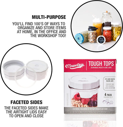 Masontops Tough Tops, Ball Wide Mouth Mason Jar Lids, BPA-Free White Plastic Leakproof