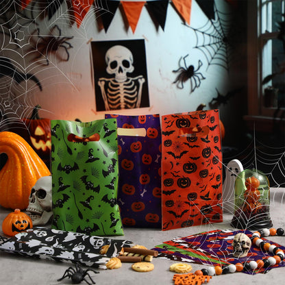 Gilprop 48 Pcs Halloween Plastic Gift Bags Ghost Pumpkin Bat Party Favor Bags Halloween Goodie Treat Candy Pouches with Handle for Party Supplies Gift Wrap