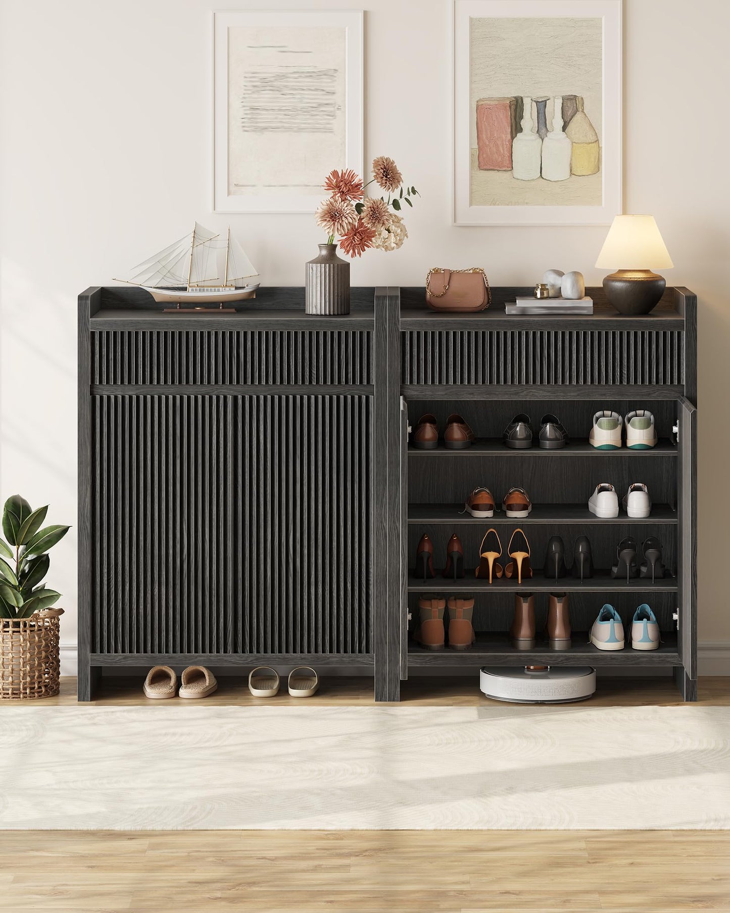 CHOEZON Shoe Storage Cabinet, 44.8" Tall Large Shoe Cabinet, Shoe Storage Organizer for Entryway, Fluted Shoe Cabinet with Drawer & Adjustable Shelves, Mid-Century, for Hallway, Charcoal Gray MSC03TH