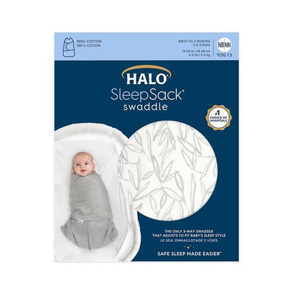 HALO 100% Cotton Sleepsack Swaddle - 3-Way Adjustable Wearable Blanket, TOG 1.5, Leaves, Newborn 0-3 Months