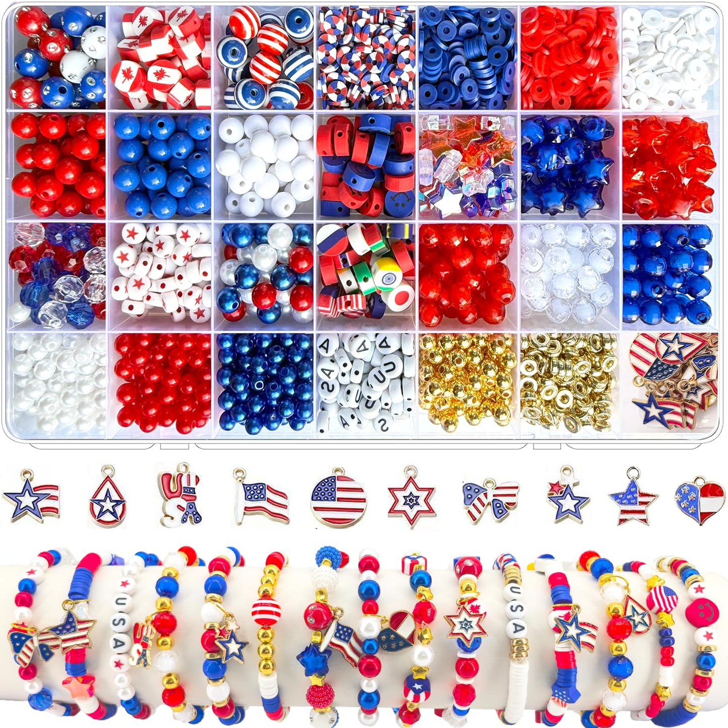 2100Pcs 4th of July Patriotic Beads Kit, Independence Day Bead Red White and Blue Polymer Clay Beads for Bracelets Jewelry Making Acrylic Round Star Letter Loose Beads with USA Patriotic Star Charms