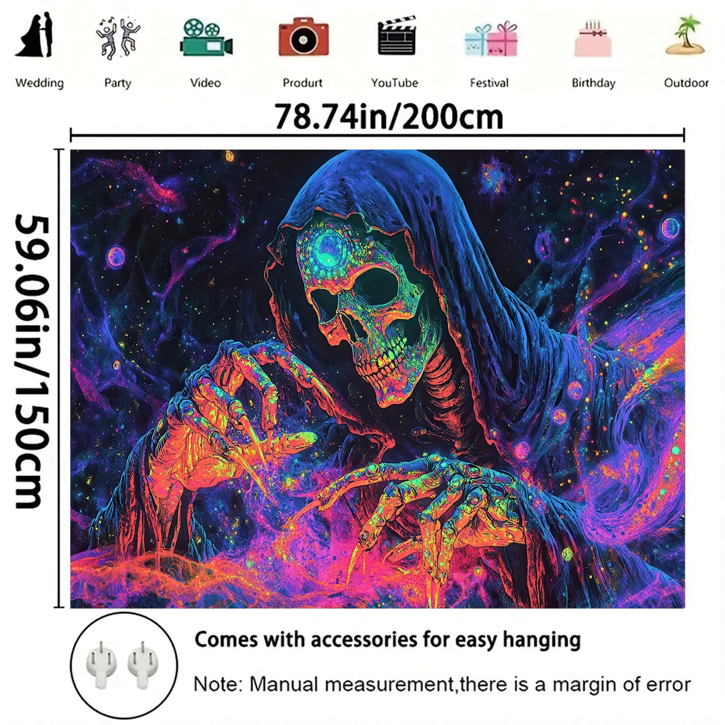 Starlit Patio Blacklight Skull Tapestry Skeleton UV Reactive Glowing Grim Reaper Wall Hanging Trippy Neon Skeleton Art Tapestry for Bedroom Living Room Dorm Aesthetic Gothic Horror Decor 78 x 59 Inch