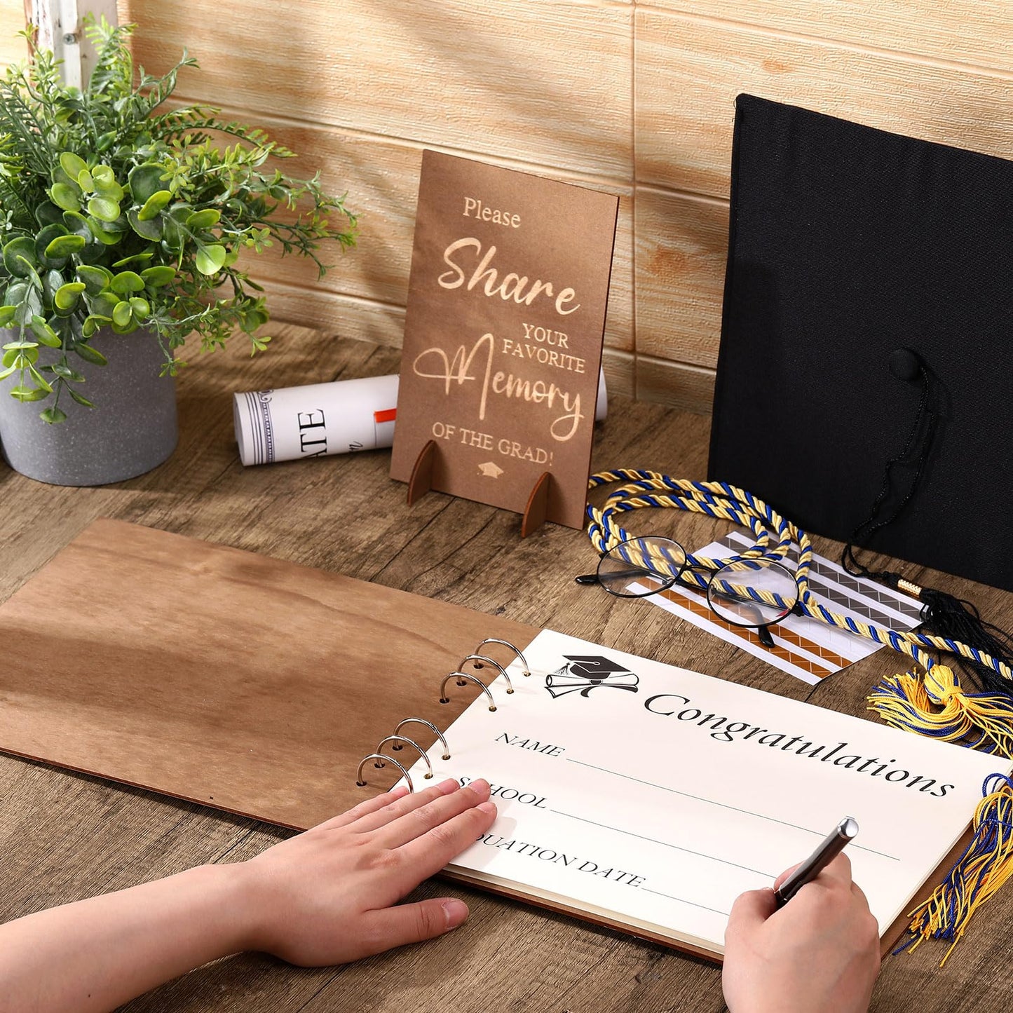 Chunful 2026 Graduation Guest Book with Wood Graduation Photo Guestbook Sign with Stand Pen Photo Stickers Memory Scrapbook Album DIY Kit Grad Gifts for College High School Grad Party Supplies
