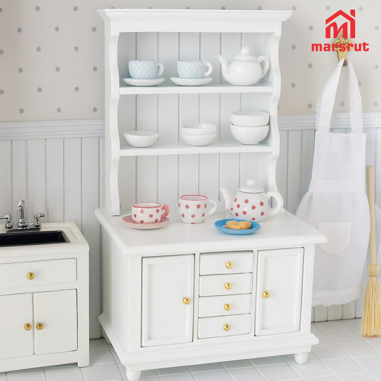 Dollhouse Miniature Cabinet 1/12 Scale Bookshelf Bookcase Cupboard Hutch, Mini Furniture Kitchen Accessories, European Items Living Room Wooden Storage Sideboard Display Showcase Shelves, White