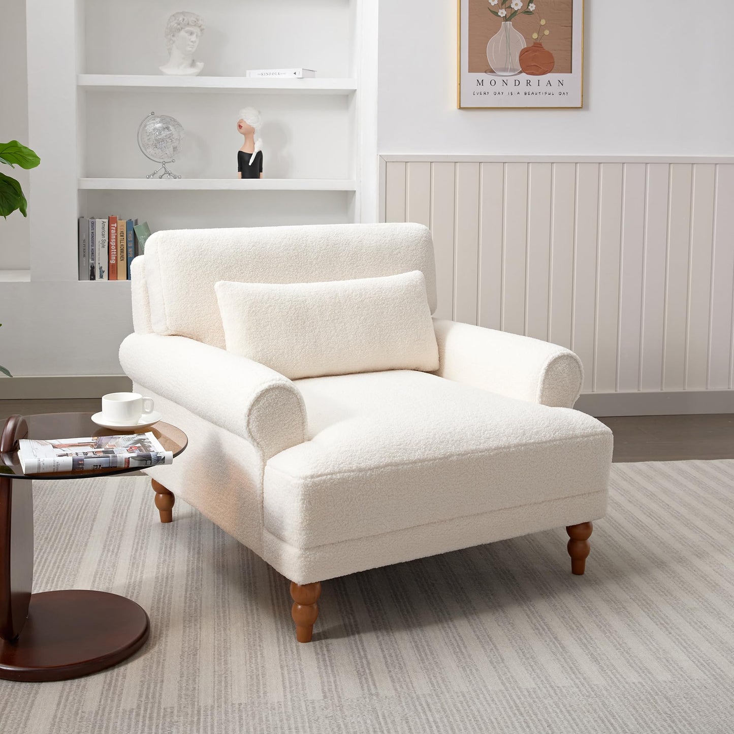 Christopher Knight Home Accent Chair, Boucle Club Chair, Upholstered Lounge Chair, Large Size Armchair Roman Column Legs, Cozy Reading Single Sofa Chair for Living Room, Bedroom, Home Study, White