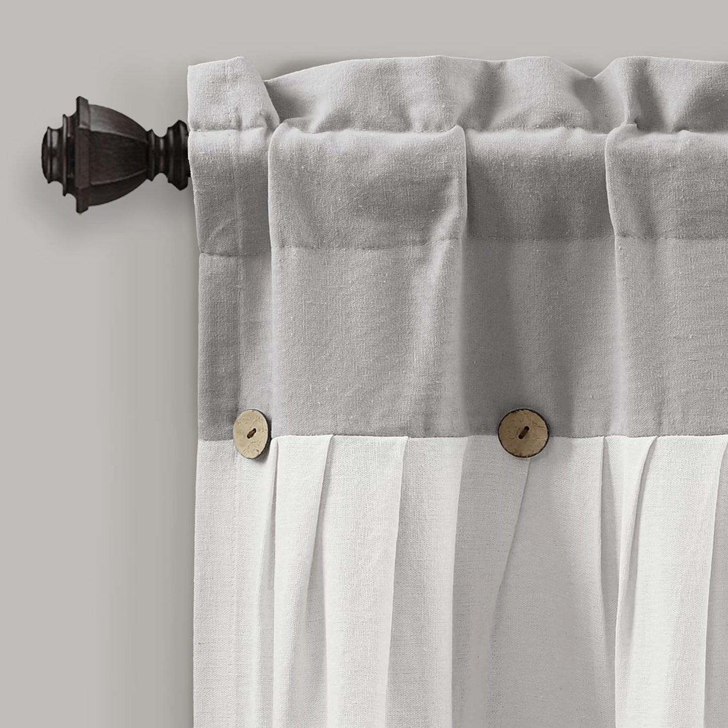 Lush Decor Linen Button Farmhouse Valance - 52" W x 18" L, Gray & White, Rustic Kitchen Curtains with Coconut Husk