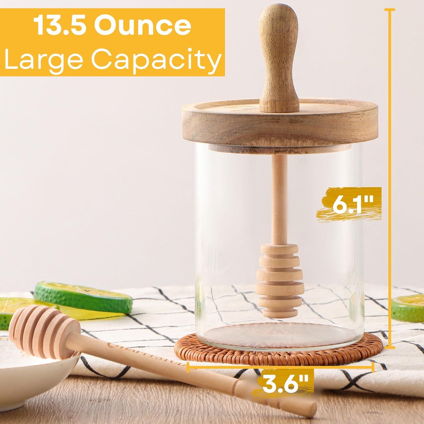 13.5 OZ HAPPI STUDIO Airtight Honey Pot with Dipper - Borosilicate Glass Honey Jar with Dipper - Glass Honey Dispenser