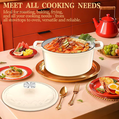 Enameled Cast Iron Dutch Oven - 5QT Dutch Oven Pot with Crab Lid & Oversized Knob & Ergonomic Handles - Heavy Duty Cookware for Braising, Stews, Roasting, Bread Baking - Cream White