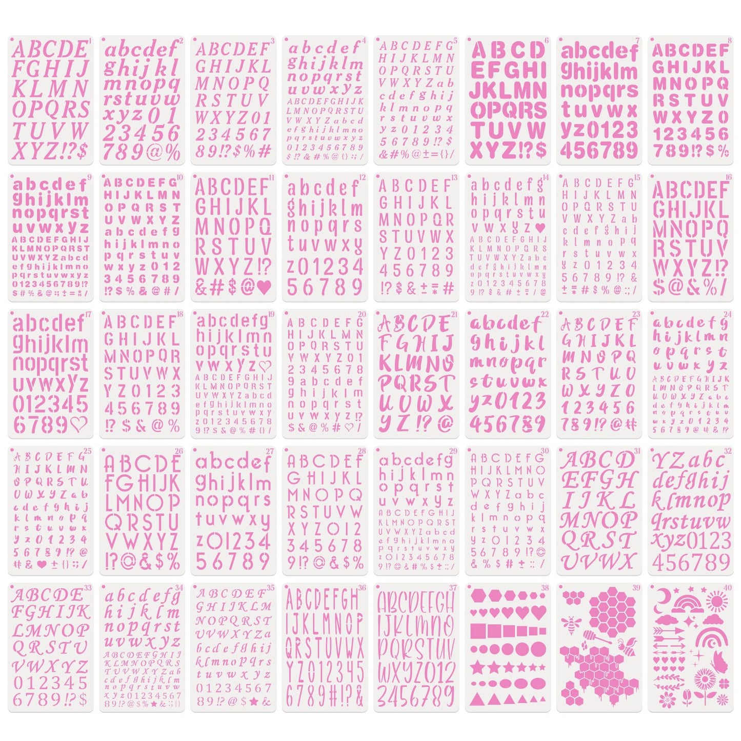 BAMIDELE Letter and Number Stencils for Painting - 40 PCS Small Alphabet Stencils (1, 0.75, 0.5, 0.35 Inch) for Crafts, Wood, Cakes - Reusable Plastic Bullet Journaling Letter Stencil (7.5 x 5 Inch)
