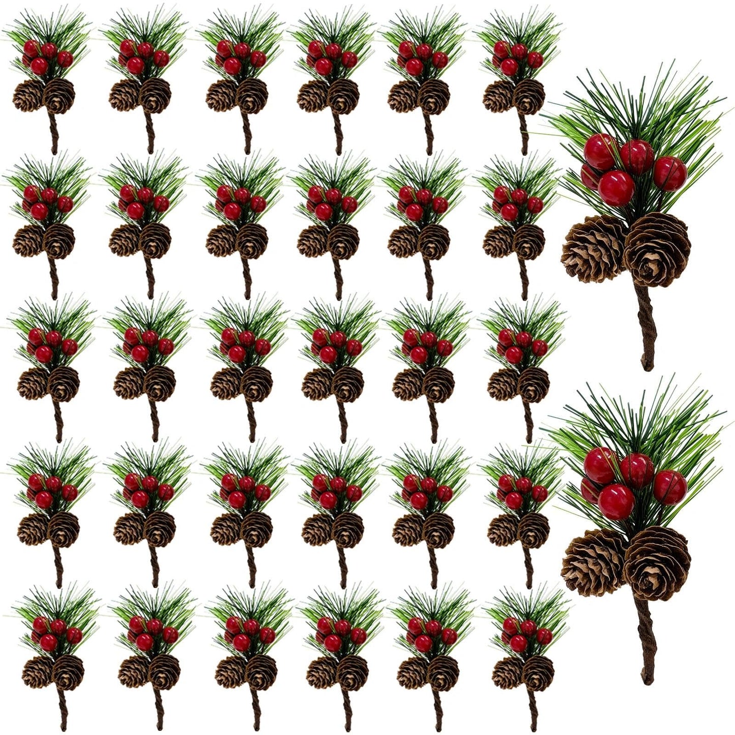Tebiefat 30 Pcs Artificial Pine Cone Red Berry Picks Stems, Small Fake Holly Berries Needles Branches with Pinecones Christmas Floral Leaves for Crafts Vase Xmas Tree DIY Holiday Decor