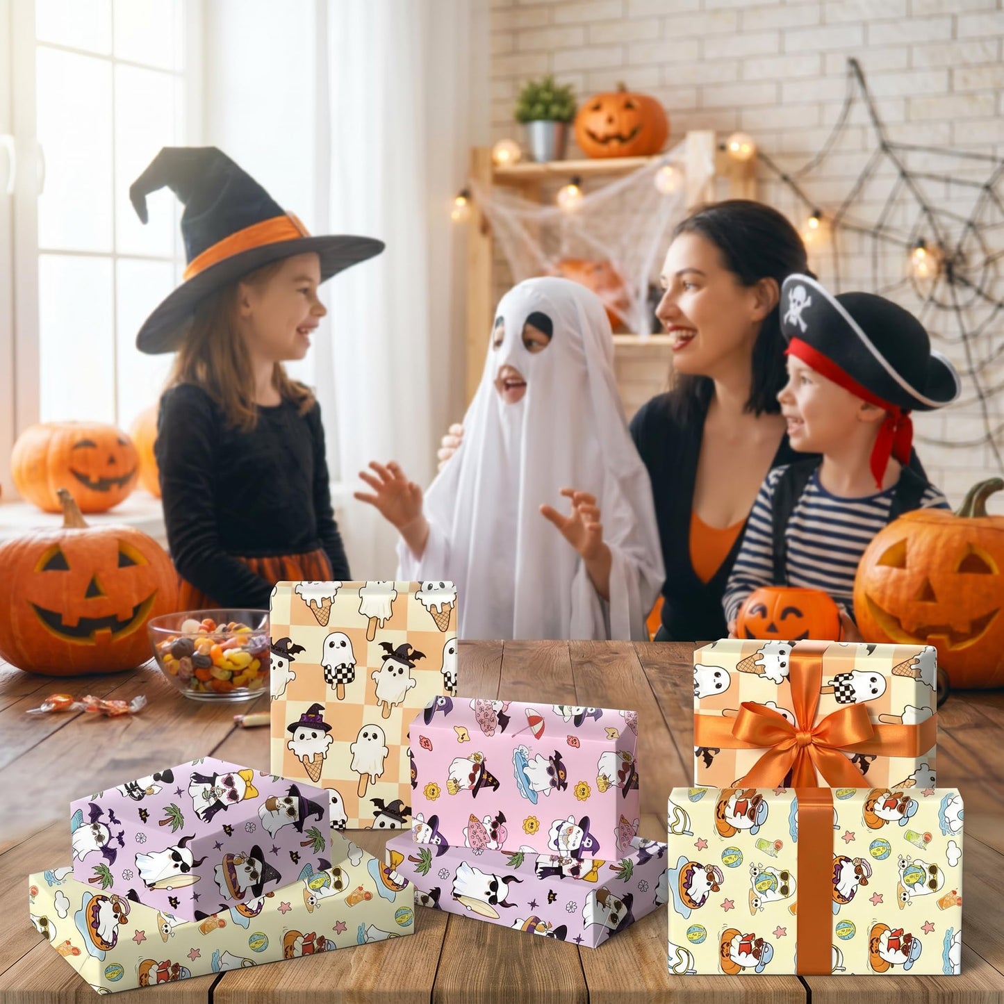 Summer Ghost Wrapping Paper for Kids, 12 Sheets Cute Beach Halloween Wrapping Paper, Kawaii Pastel Spooky Surf Ice Cream & Tropical Designs for Birthday Summer Holiday Party Decor, 19.7 x 27.6 Inch