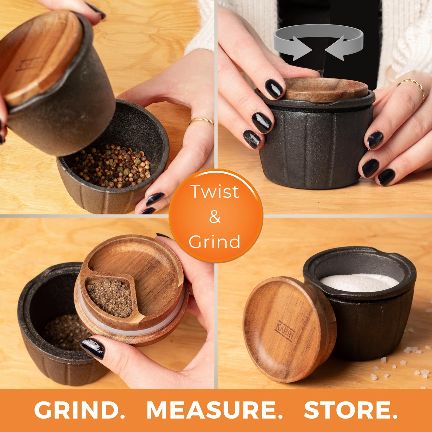 KABIN Spice Mill - Spice Grinder Manual Pepper Mill - Durable Cast Iron Mortar and Pestle Set Herb Crusher - Hand Grind, Measure & Store Your Spices and Herbs- Molcajete Bowl