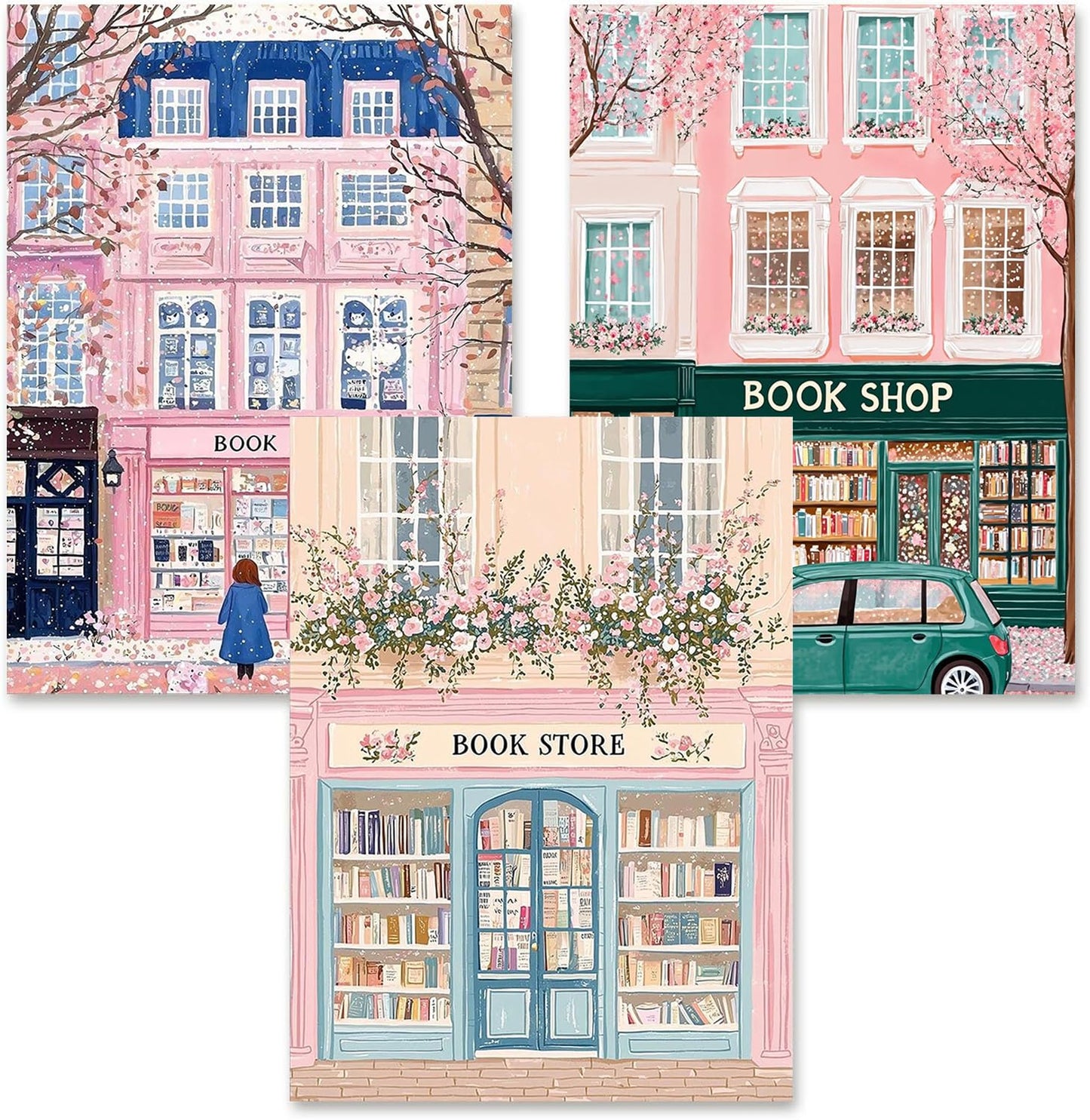 ARPADAMO 3 Pcs Diamond Art Kits for Adults,5D Pink Book shop Diamond Painting DIY books Diamond Art Diamond Painting Kits for Adult,Round Full Drill Diamonds, Diamond Art Kits for Home Decor-12x16inch