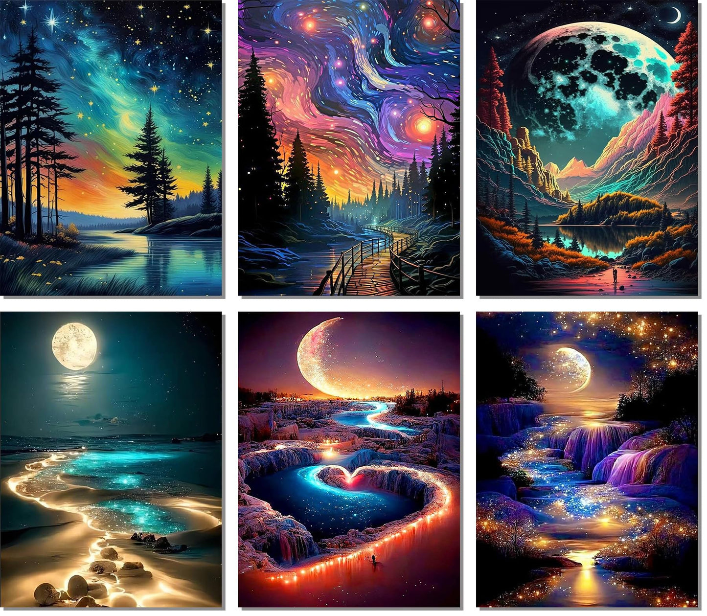 Meothan 6 Pack 5D Diamond Art Painting Kits for Adults Beginners DIY Round Full Drill Diamond Art Kits Moon Beach with Diamonds Gem Art Set for Home Wall Decor 12 x 16 Inch